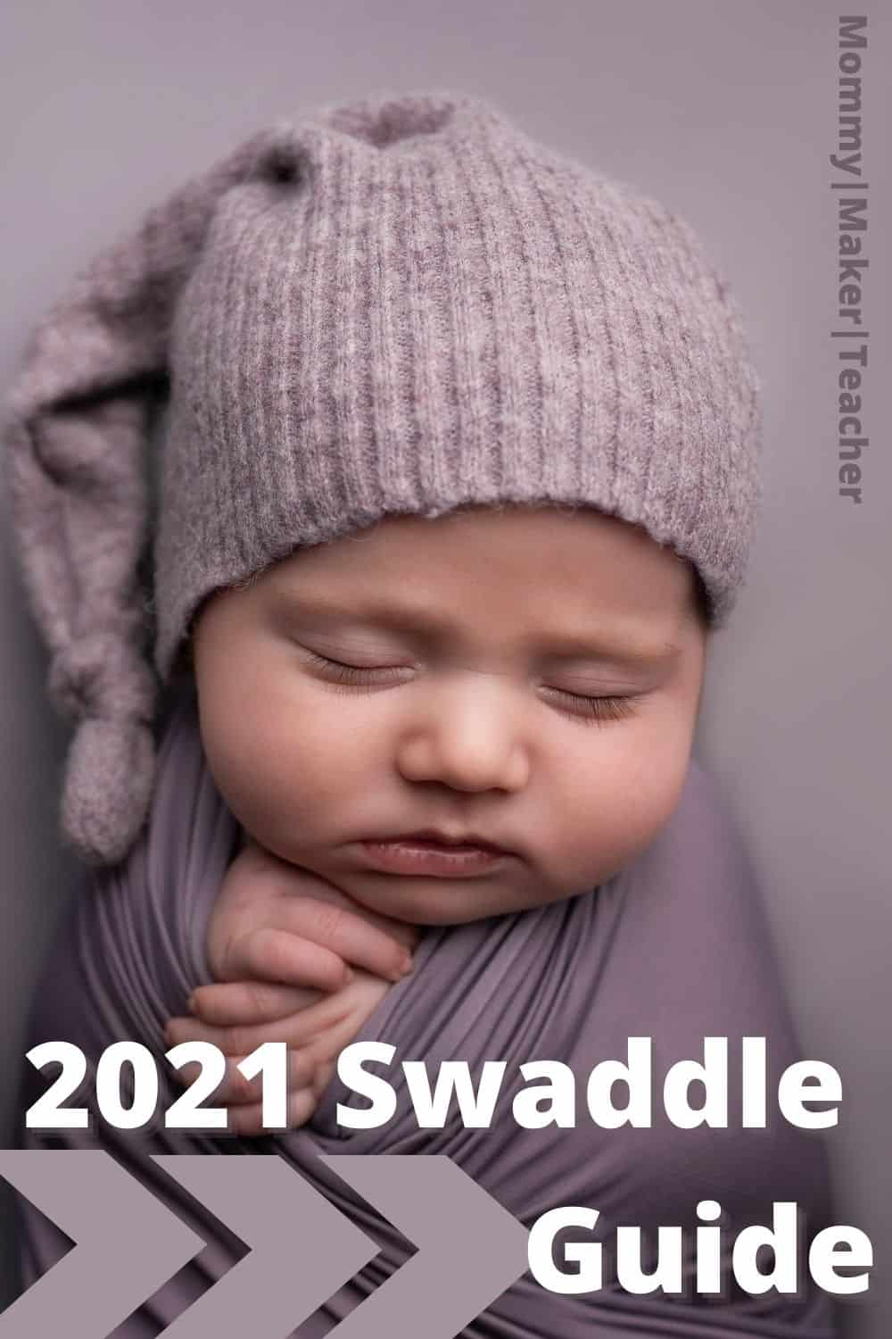 A newborn swaddle in a purple cloth on a purple backdrop with a purple slochy hat.  2021 Swaddle guide.  Mommy Maker Teacher. 