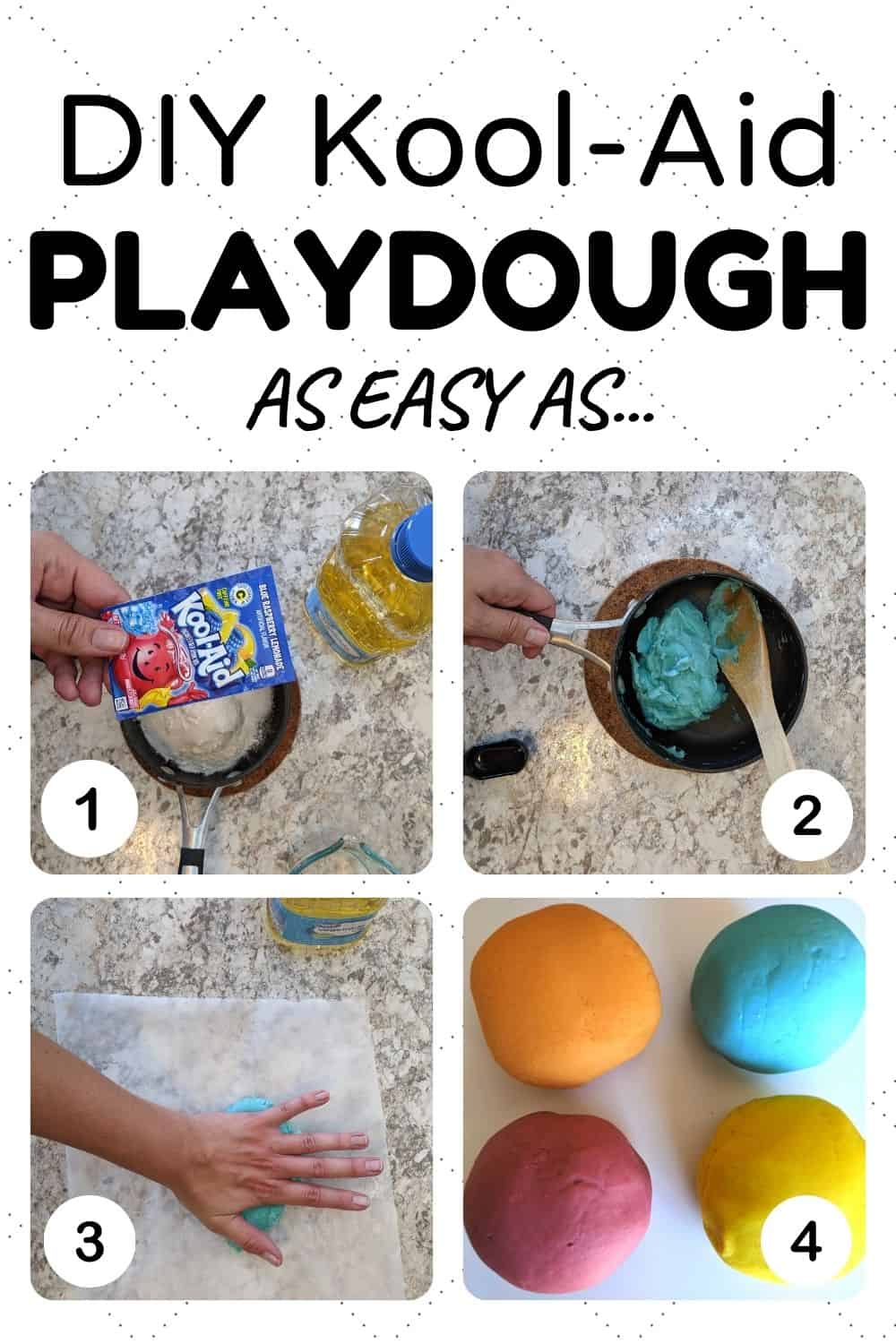 DIY Kool-Aid Playdough As Easy As 1, 2, 3, 4.  Pictures of mixing and preparing homemade playdough.
