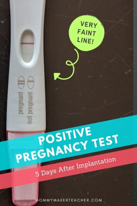 Very faint line pregnancy test example. Positive pregnancy test 5 days after implantation. Mommymakerteacher.com