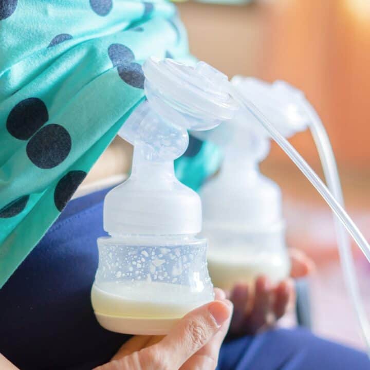 Mother pumping with a double electric breast pump.