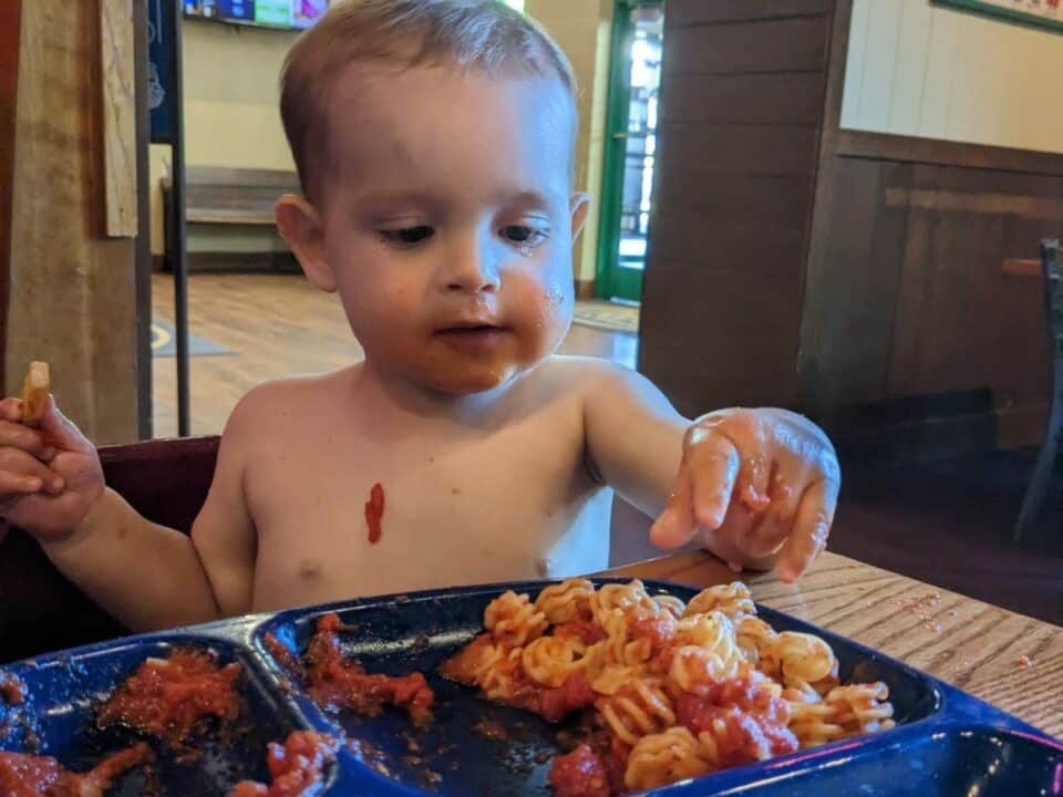 Baby led weaning eating pasta