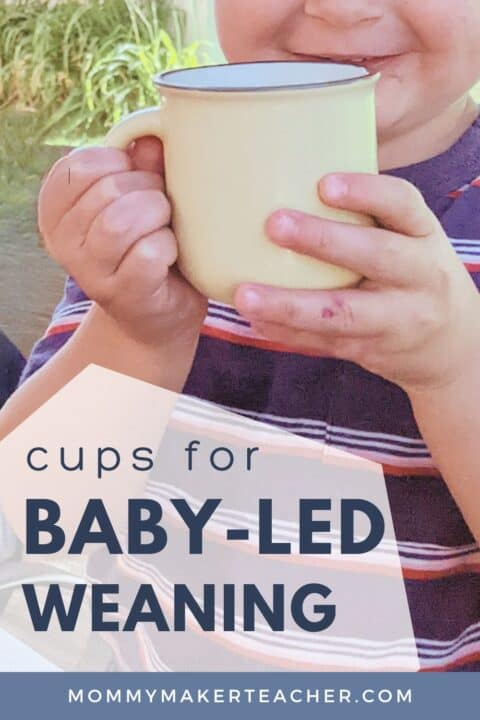 Toddler drinking out of open small mug. Cups for baby-led weaning. Mommymakerteacher.com 