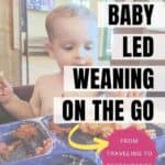 Baby led weaning on the go. From traveling to restaurants. Shirtless baby eating messy pasta at a restaurant.
