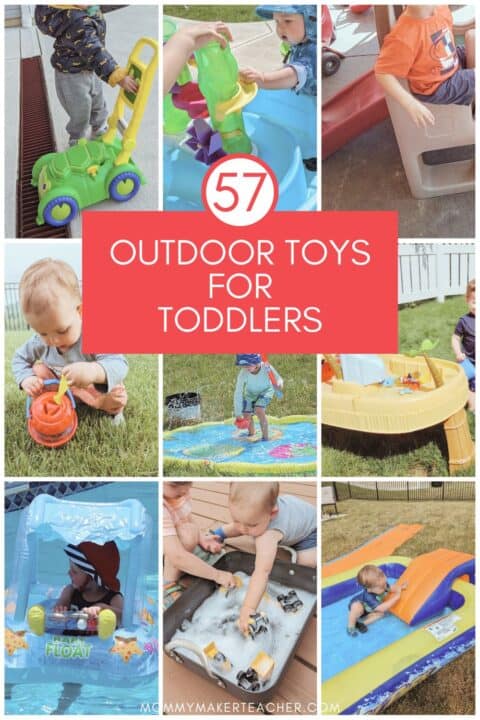 57 outdoor toys for toddler collage. Mommymakerteacher.com