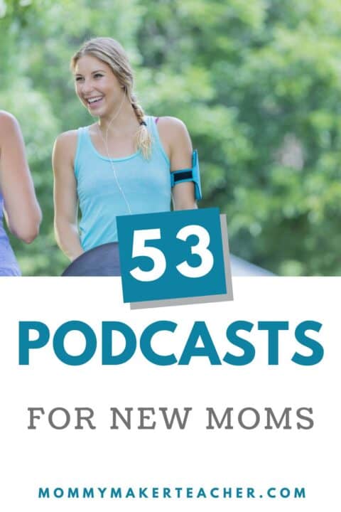 New mom walking with a stroller and a friend. 53 podcasts for new moms. mommymakerteacher.com