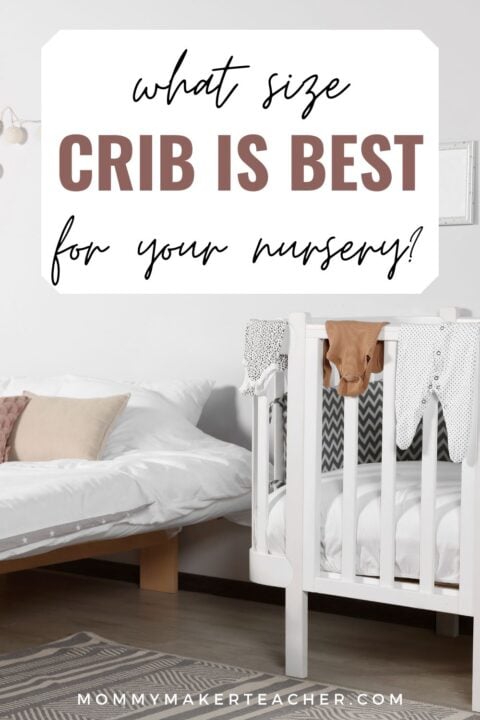 White mini crib next to parents bed. What size crib is best for your nursery? Mommymakerteacher.com 
