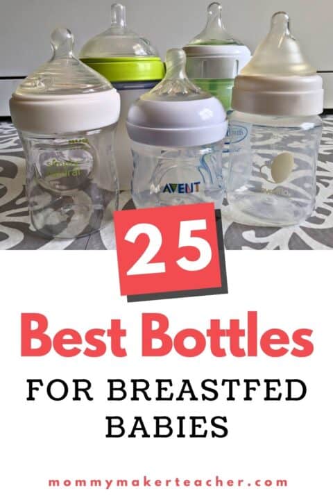 25 Best Bottles for Breastfed Babies Mommymakerteacher.com. Avent, NUK, Comotomo, Dr. Brown's and Evenflo bottles on a counter. 