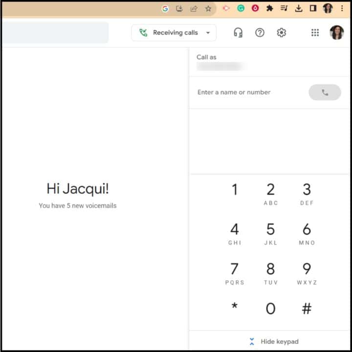 Google Voice dashboard screenshot for Jacqui