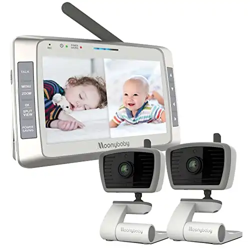 Moonybaby 5" HD A.N.R. (Auto Noise Reduce) Baby Monitor with 2 Cameras. Model: Trust 50, No WiFi, Long Range, Quad Split Screen, Auto Night Vision, 2-Way Audio, Baby Room Temperature Display, Lul...