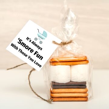 Baby shower favor or prize. DIY Smores gift bag. Tag says "Always 'Smore Fun With Those You Love."