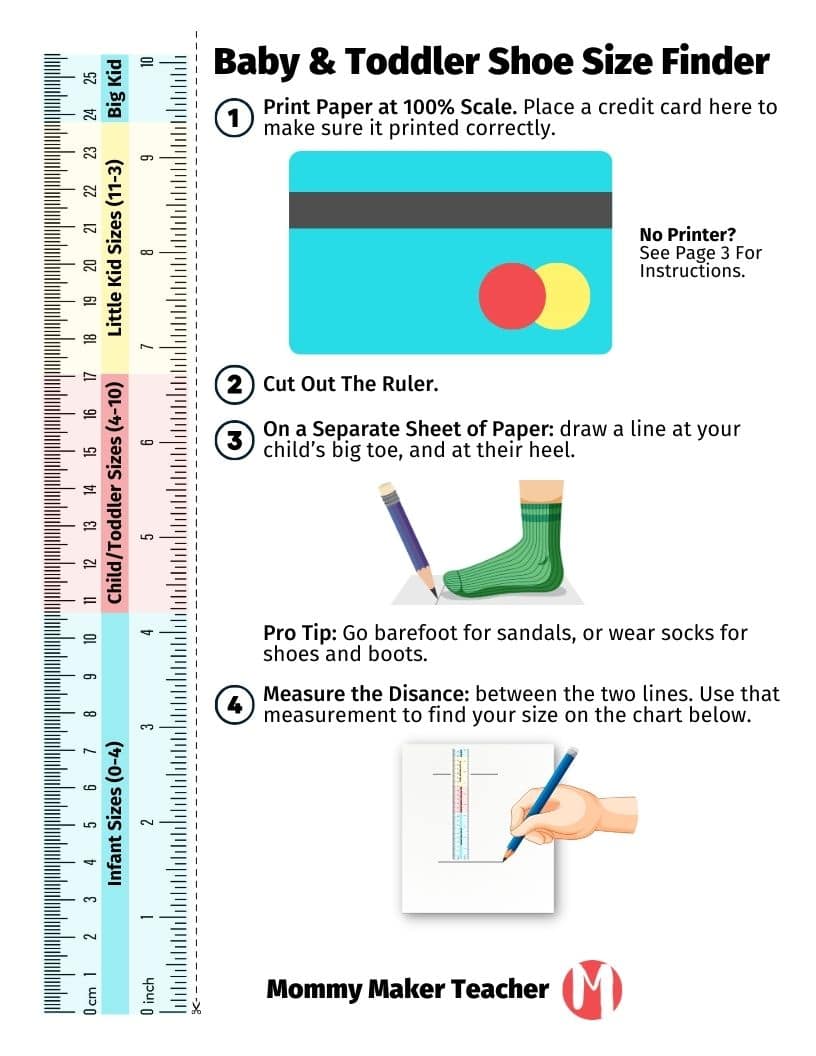 Baby and toddler shoe size finder guide by Mommy Maker Teacher with a printable to-scale ruler and instructions for measuring. 