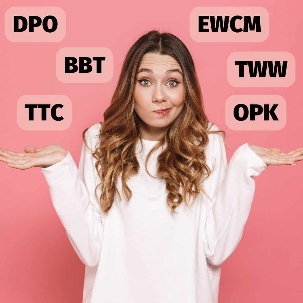 Confused woman with TTC acronyms all around her