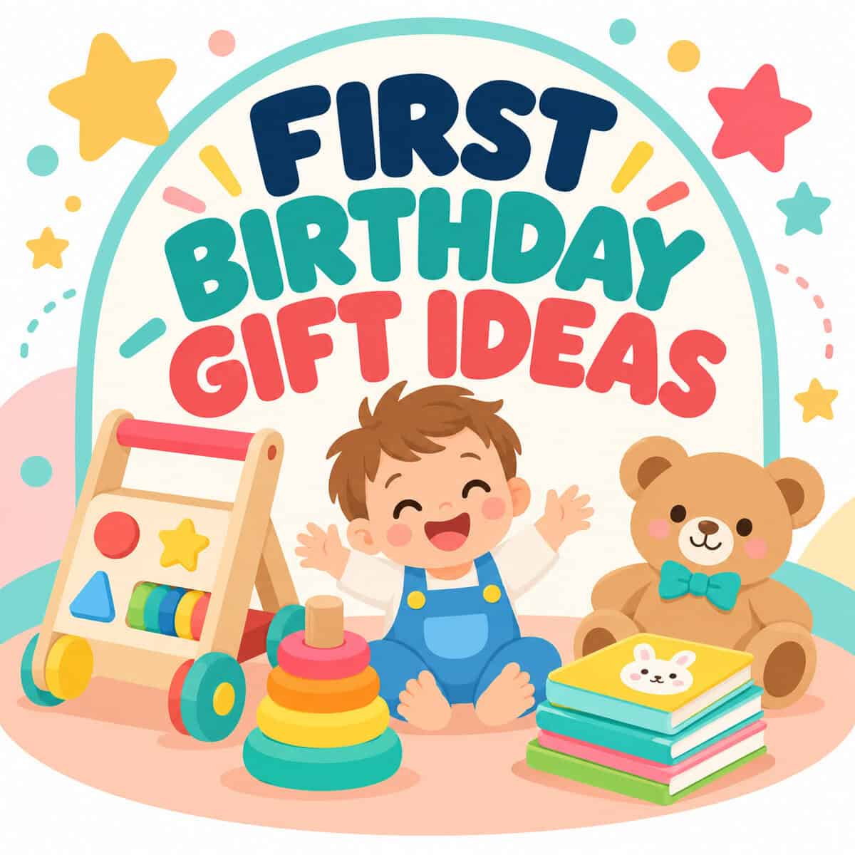 First birthday gift ideas collage of toys and keepsakes with the blog title "18 First Birthday Gift Ideas"