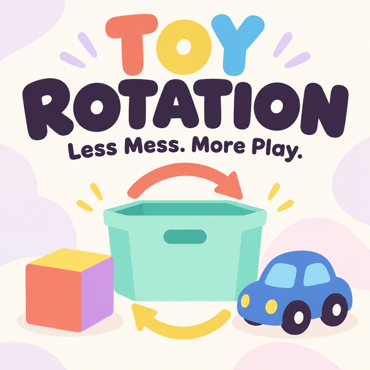Toy shelf and storage bins collage with the blog title "Toy Rotation: A Guide to Less Mess & More Play"
