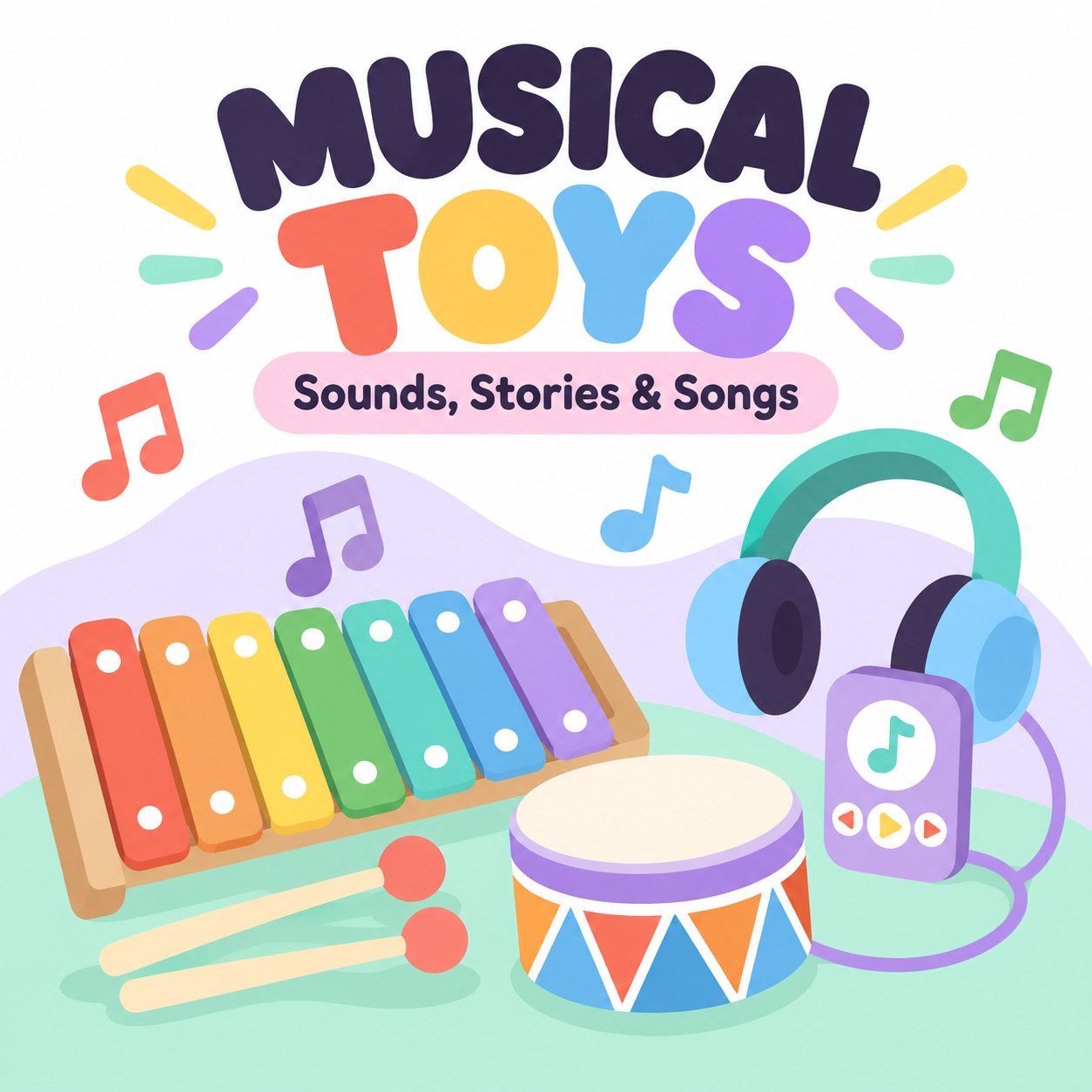 Musical instruments and audio players for kids collage with the title "34 Best Musical Toys for Kids"