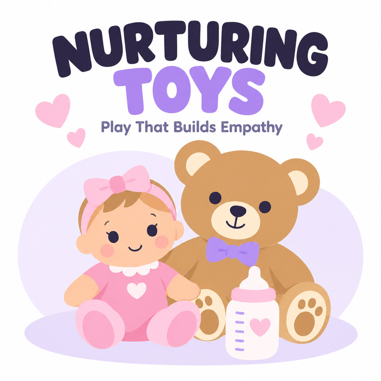 Nurturing toys like soft dolls and play plants collage with the title "42 Best Nurturing Toys to Teach Empathy and Self-Help"