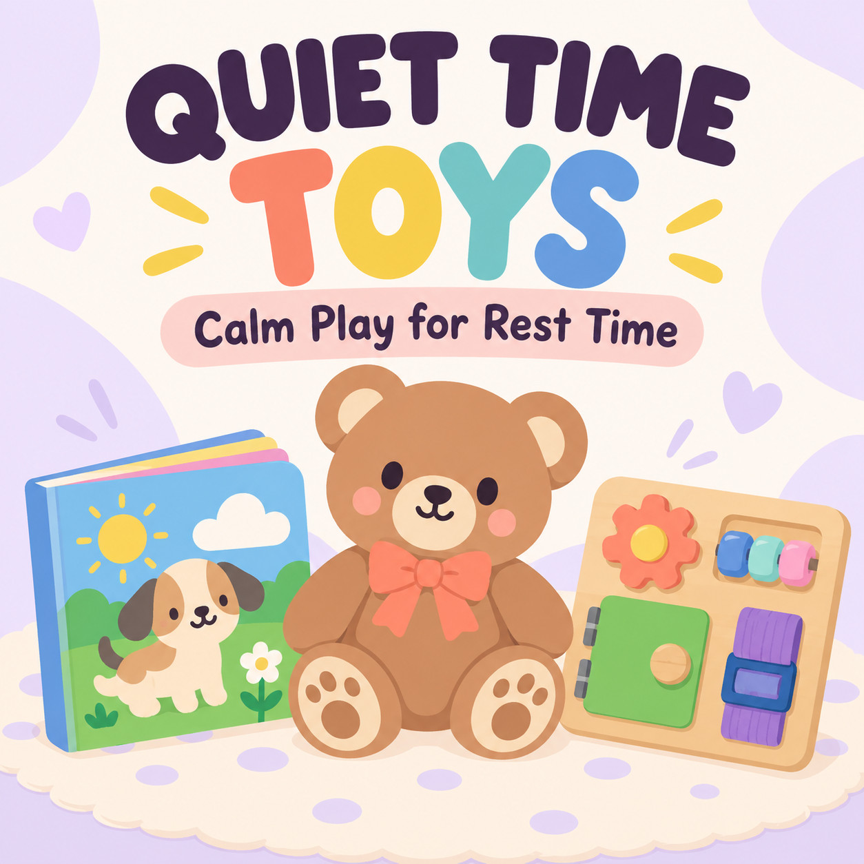 Quiet time toys and activities collage with the blog title "How To Set Up a Quiet Time Routine for Toddlers"