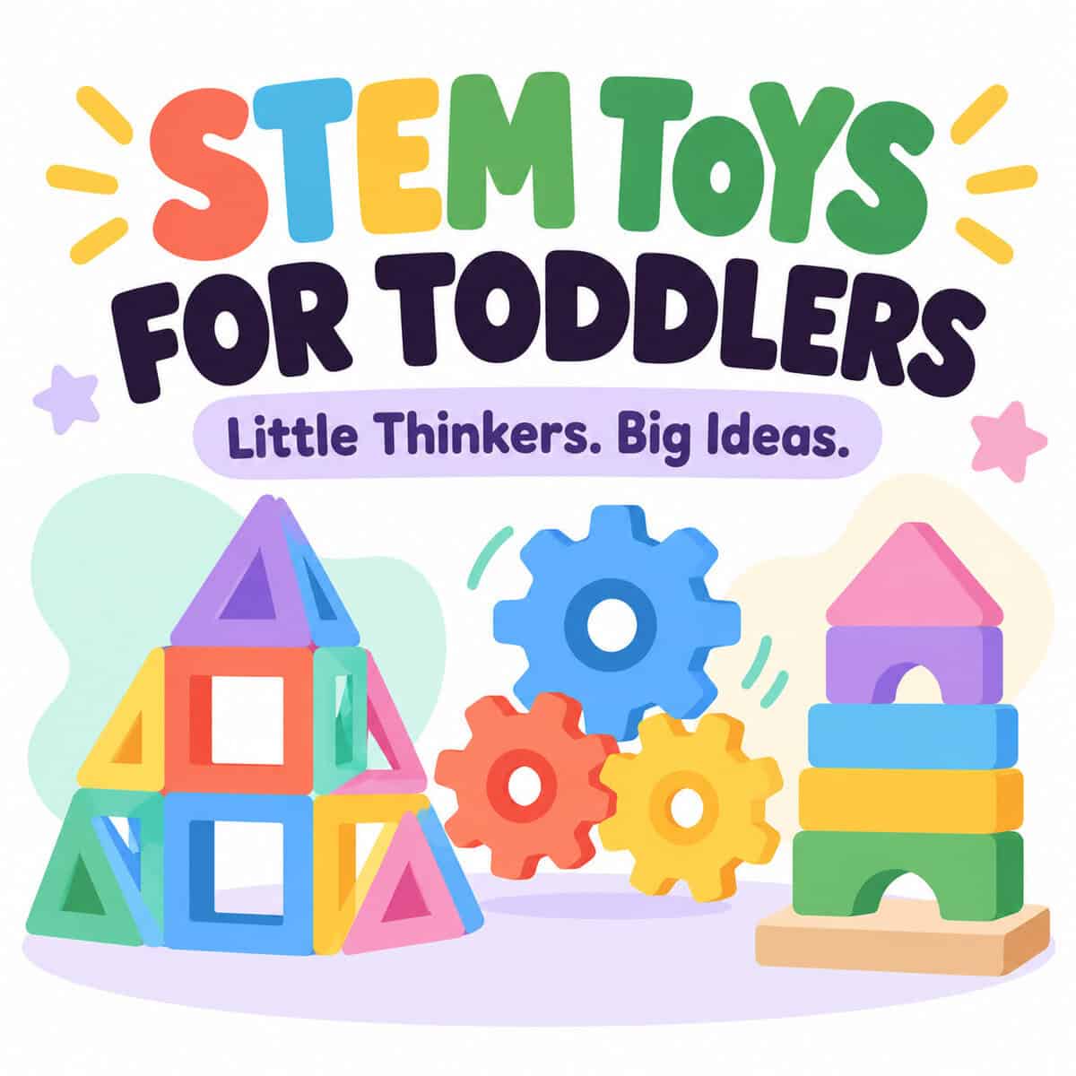 STEM toys for toddlers collage with the blog title "50+ STEM Toys for Kids Ages 0-6 Years"